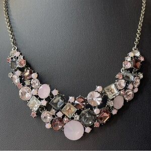 Premier Designs "Ballet Slippers" Pink Gray Rhinestone Silver Tone Bib Necklace